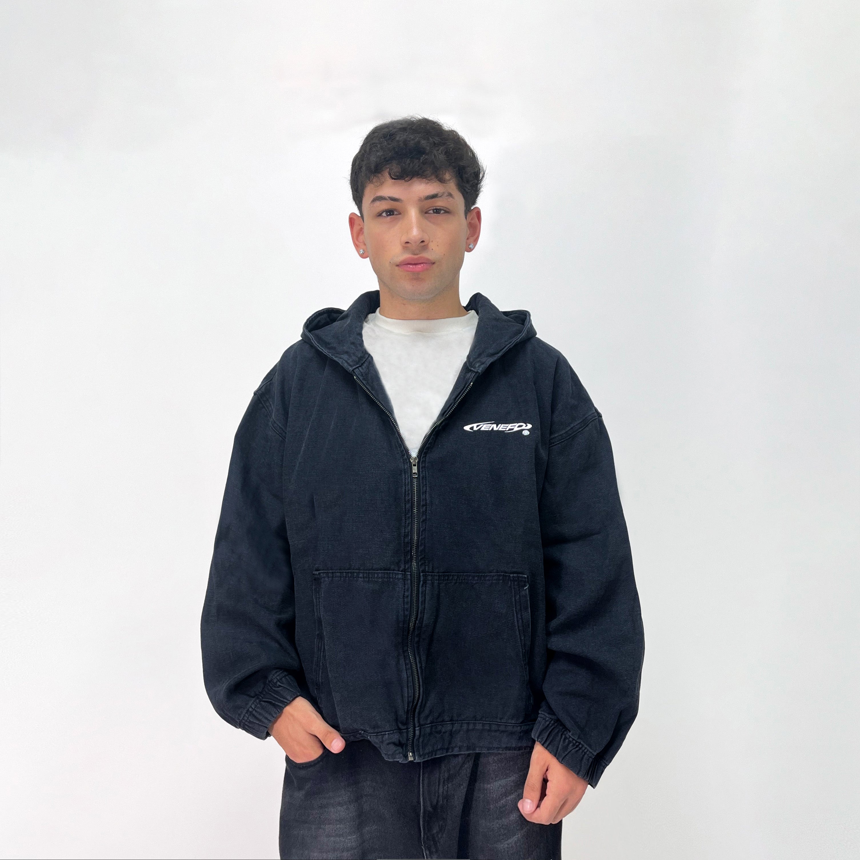 Zip Hoodie Jean Negra (Boxy Fit)